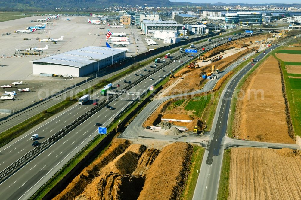 Aerial image Stuttgart - Highway construction site for the expansion and extension of track along the route of A8 on airport in the district Plieningen in Stuttgart in the state Baden-Wurttemberg, Germany