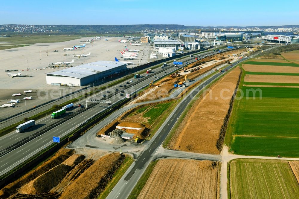 Aerial photograph Stuttgart - Highway construction site for the expansion and extension of track along the route of A8 on airport in the district Plieningen in Stuttgart in the state Baden-Wurttemberg, Germany