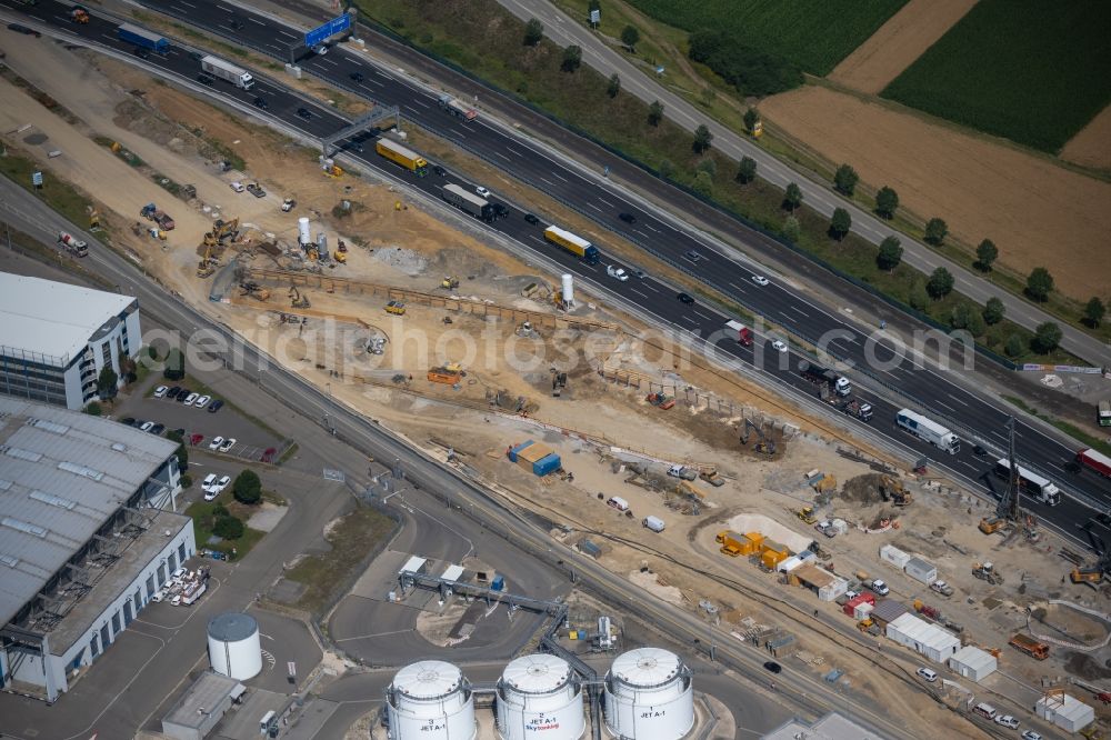 Stuttgart from above - Highway construction site for the expansion and extension of track along the route of A8 on airport in the district Plieningen in Stuttgart in the state Baden-Wurttemberg, Germany