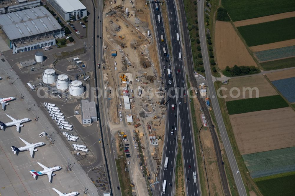 Stuttgart from the bird's eye view: Highway construction site for the expansion and extension of track along the route of A8 on airport in the district Plieningen in Stuttgart in the state Baden-Wurttemberg, Germany