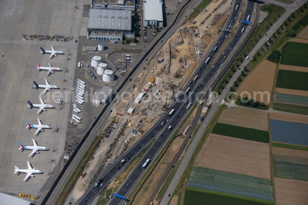 Aerial image Stuttgart - Highway construction site for the expansion and extension of track along the route of A8 on airport in the district Plieningen in Stuttgart in the state Baden-Wurttemberg, Germany