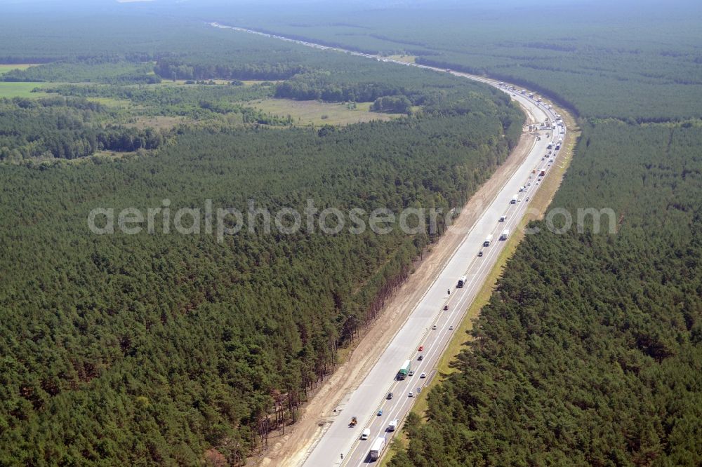 Heidesee from the bird's eye view: Highway construction site for the expansion and extension of track along the route of A12 E30 in Heidesee in the state Brandenburg