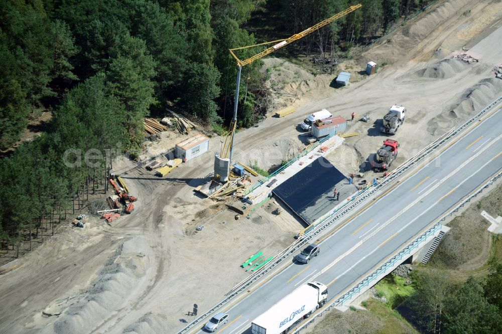 Heidesee from the bird's eye view: Highway construction site for the expansion and extension of track along the route of A12 E30 in Heidesee in the state Brandenburg