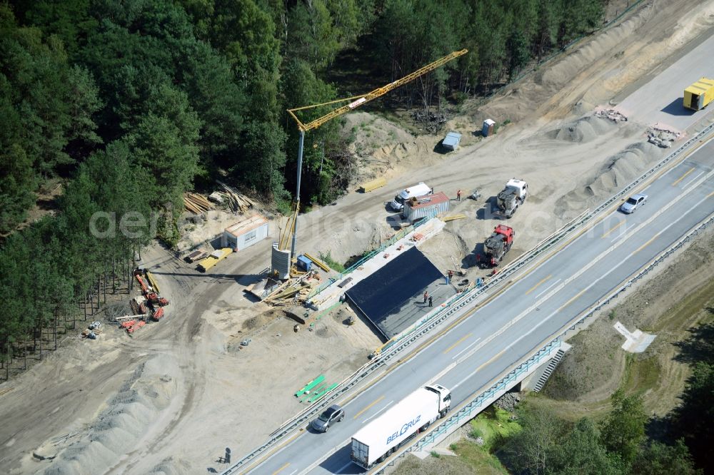 Heidesee from above - Highway construction site for the expansion and extension of track along the route of A12 E30 in Heidesee in the state Brandenburg