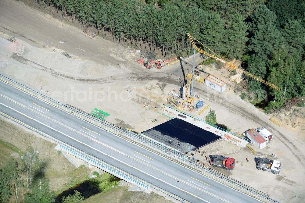 Heidesee from the bird's eye view: Highway construction site for the expansion and extension of track along the route of A12 E30 in Heidesee in the state Brandenburg