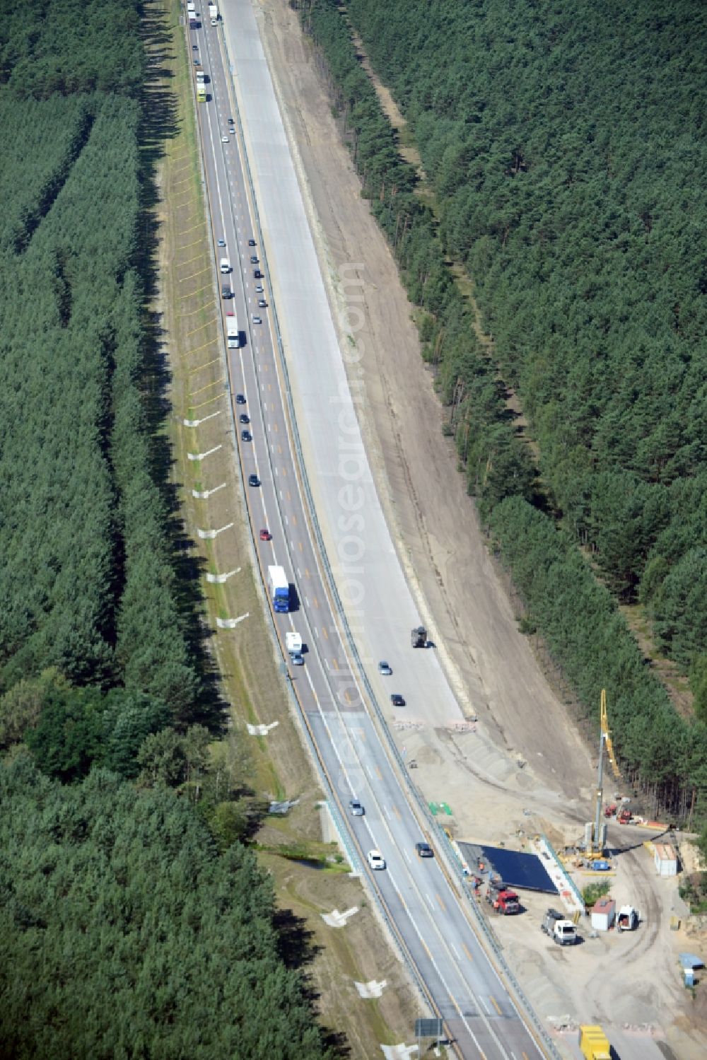 Heidesee from above - Highway construction site for the expansion and extension of track along the route of A12 E30 in Heidesee in the state Brandenburg