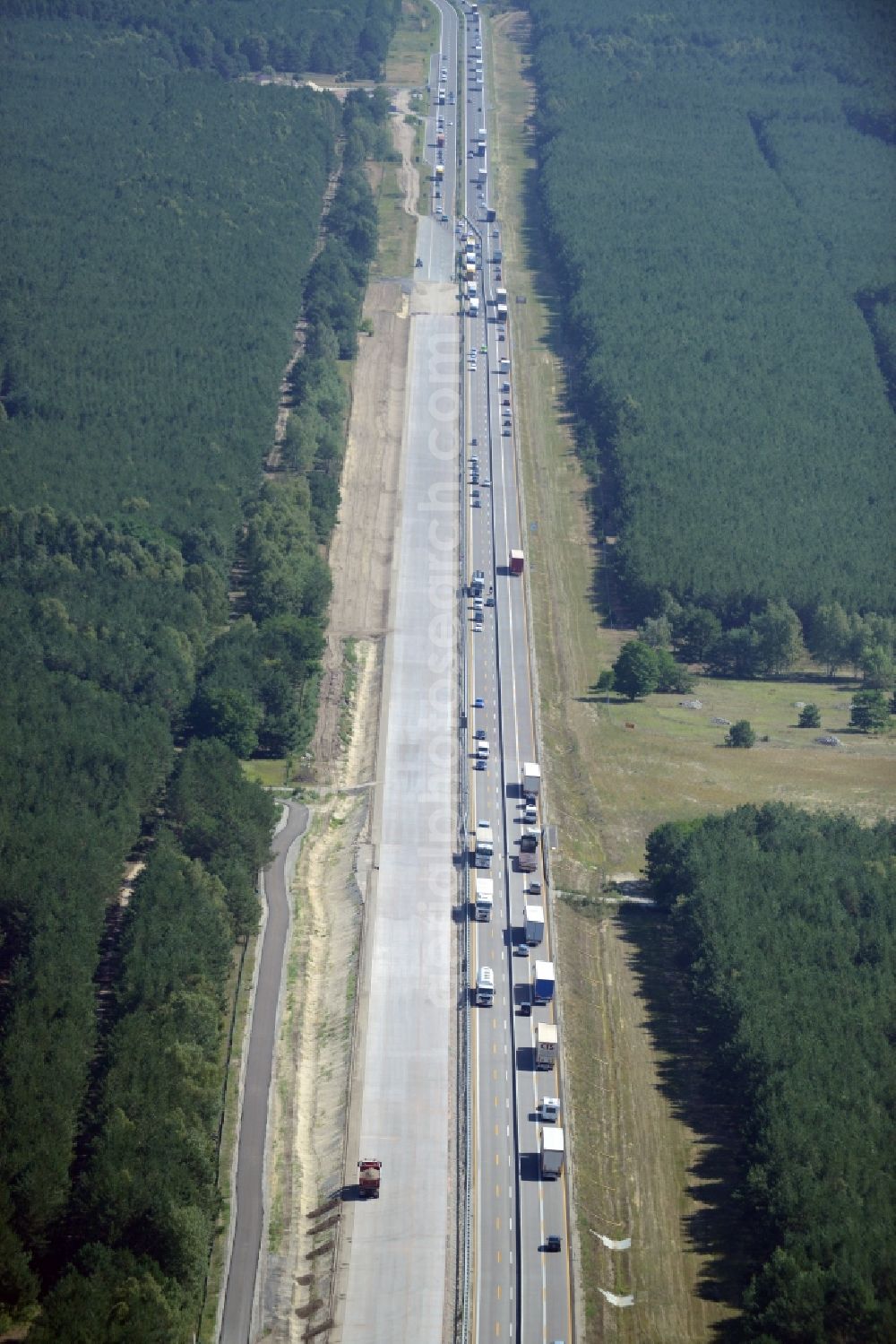 Heidesee from the bird's eye view: Highway construction site for the expansion and extension of track along the route of A12 E30 in Heidesee in the state Brandenburg