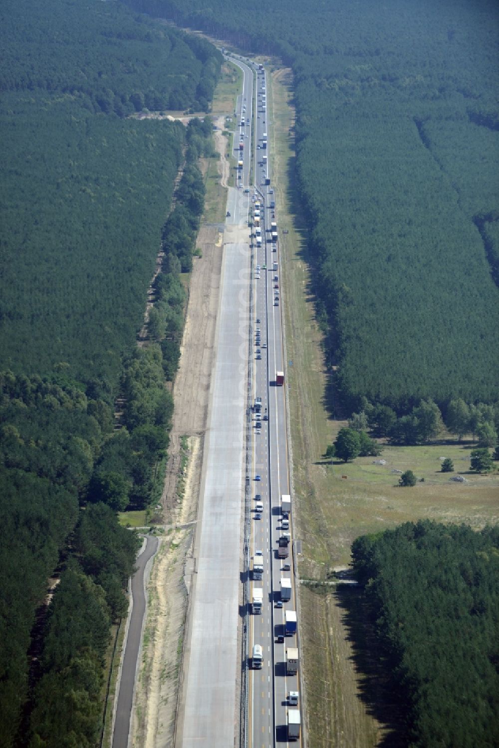 Aerial image Heidesee - Highway construction site for the expansion and extension of track along the route of A12 E30 in Heidesee in the state Brandenburg