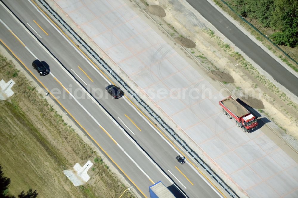 Heidesee from above - Highway construction site for the expansion and extension of track along the route of A12 E30 in Heidesee in the state Brandenburg