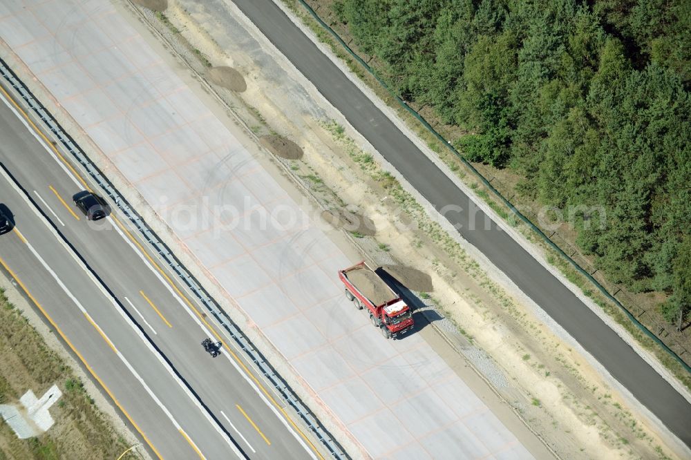 Heidesee from the bird's eye view: Highway construction site for the expansion and extension of track along the route of A12 E30 in Heidesee in the state Brandenburg