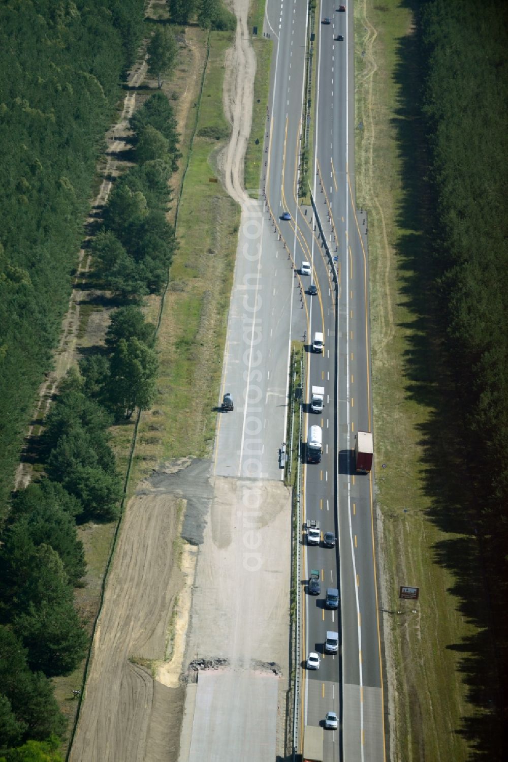 Aerial image Heidesee - Highway construction site for the expansion and extension of track along the route of A12 E30 in Heidesee in the state Brandenburg