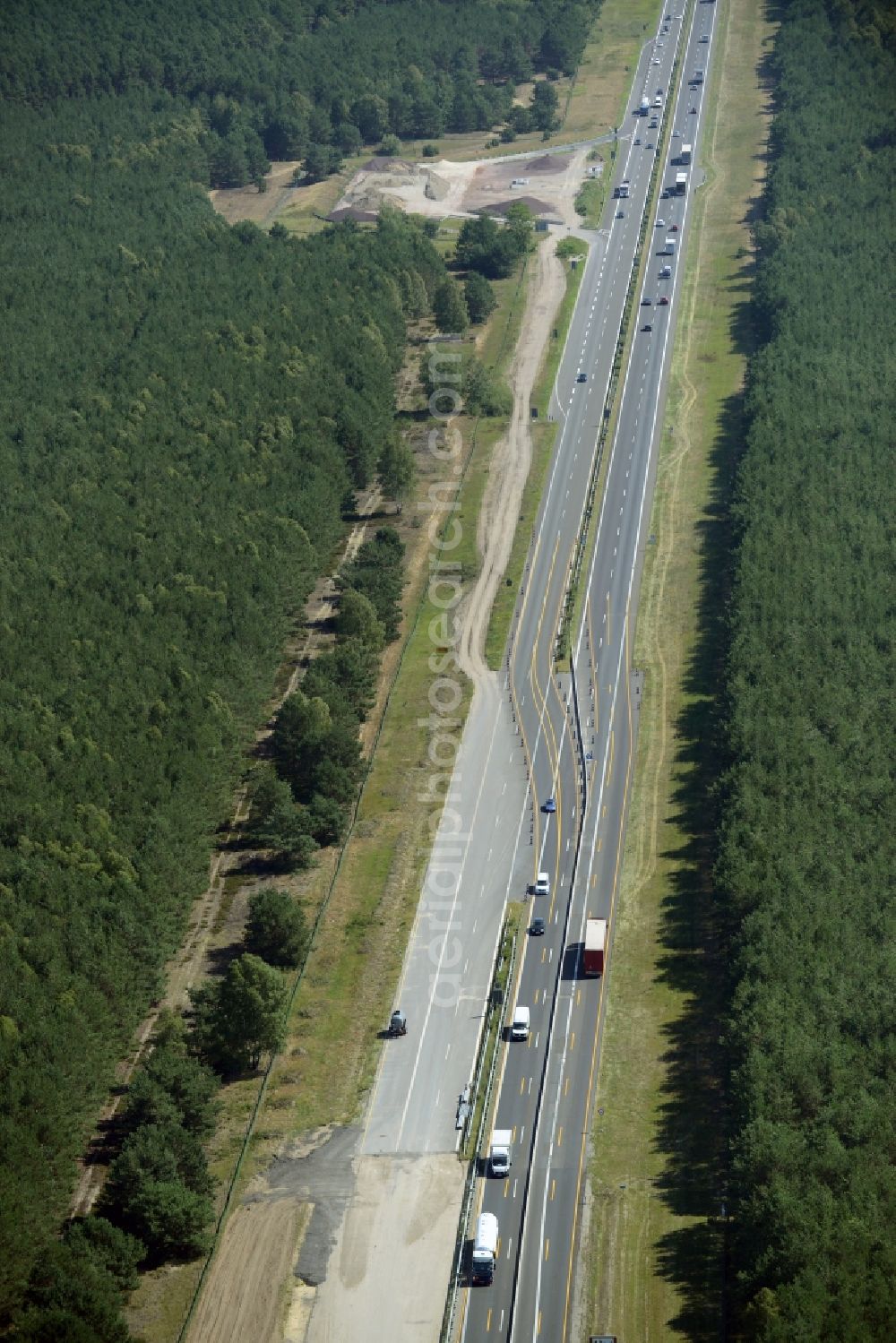 Heidesee from above - Highway construction site for the expansion and extension of track along the route of A12 E30 in Heidesee in the state Brandenburg