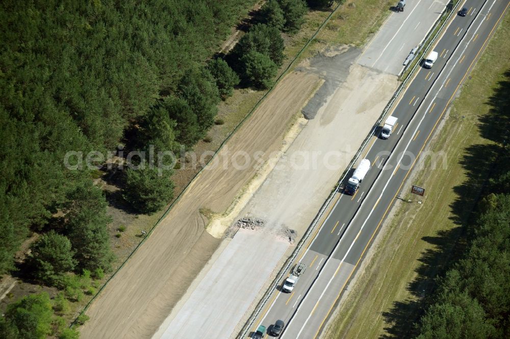 Heidesee from the bird's eye view: Highway construction site for the expansion and extension of track along the route of A12 E30 in Heidesee in the state Brandenburg