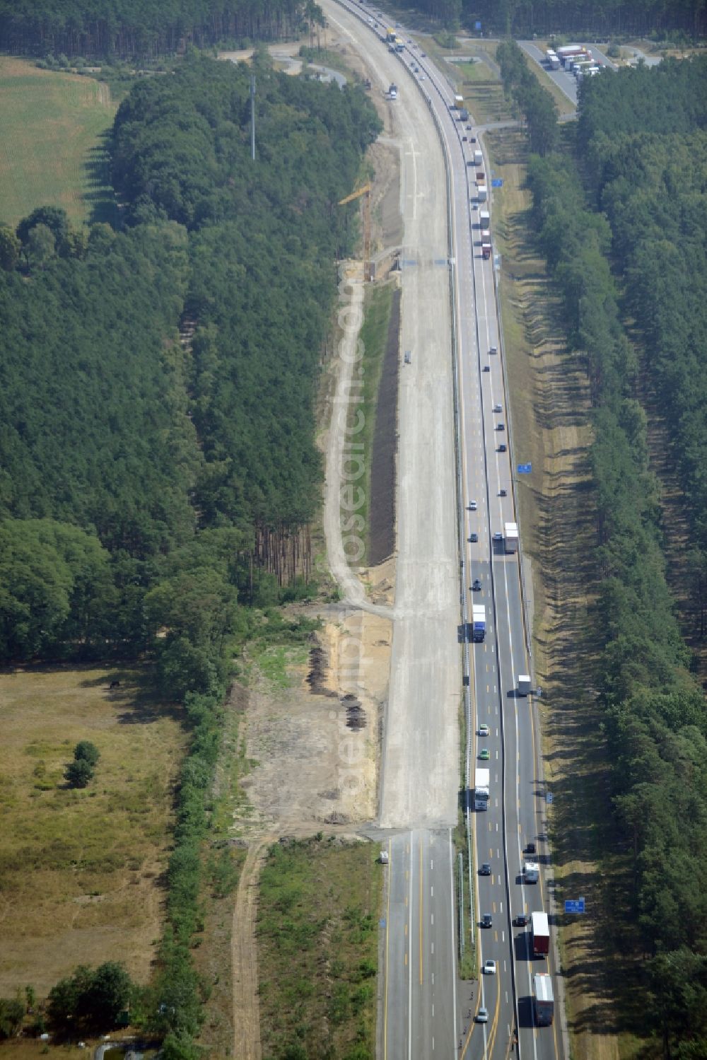 Aerial image Neu Waltersdorf - Highway construction site for the expansion and extension of track along the route of A12 E30 in Neu Waltersdorf in the state Brandenburg