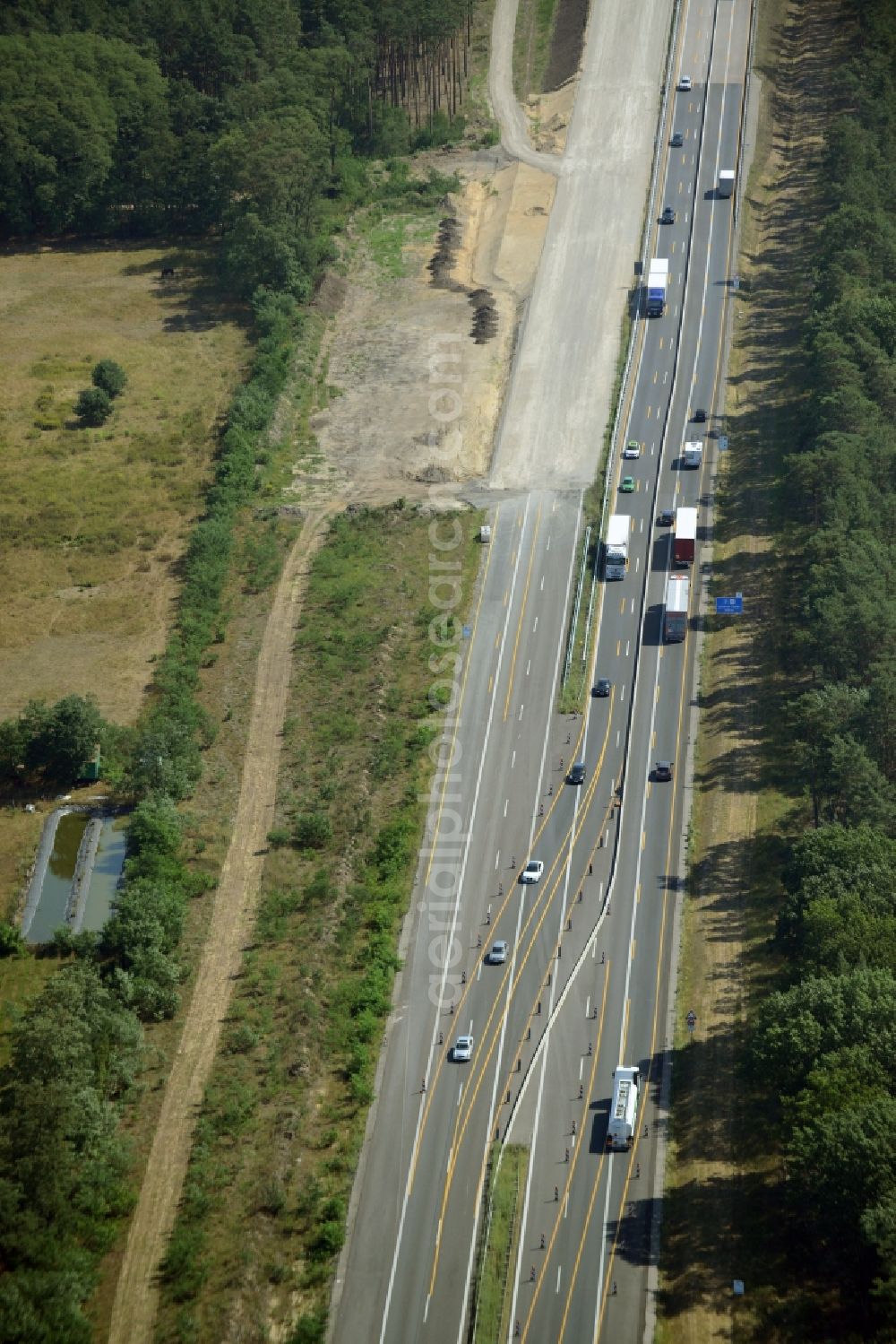 Aerial photograph Neu Waltersdorf - Highway construction site for the expansion and extension of track along the route of A12 E30 in Neu Waltersdorf in the state Brandenburg