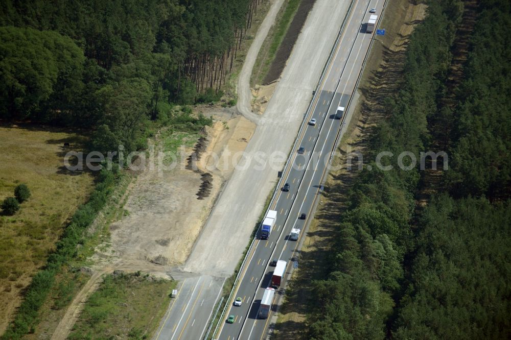 Neu Waltersdorf from above - Highway construction site for the expansion and extension of track along the route of A12 E30 in Neu Waltersdorf in the state Brandenburg