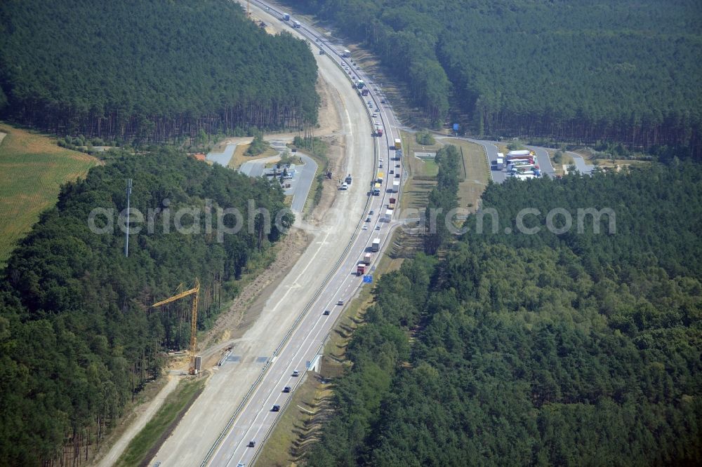 Neu Waltersdorf from the bird's eye view: Highway construction site for the expansion and extension of track along the route of A12 E30 in Neu Waltersdorf in the state Brandenburg