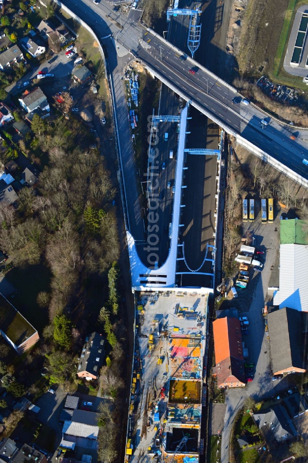 Aerial image Hamburg - Highway construction site for the expansion and extension of track along the route of A7 in the district Schnelsen in Hamburg, Germany