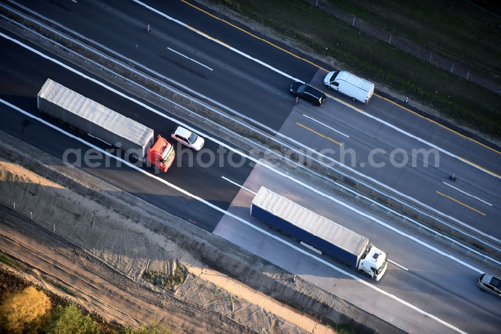 Aerial image Spreenhagen - Highway construction site for the expansion and extension of track along the route of A12 E30 an unterschiedlichen Fahrbahn- Belag- Anschlussstellen in Spreenhagen in the state Brandenburg