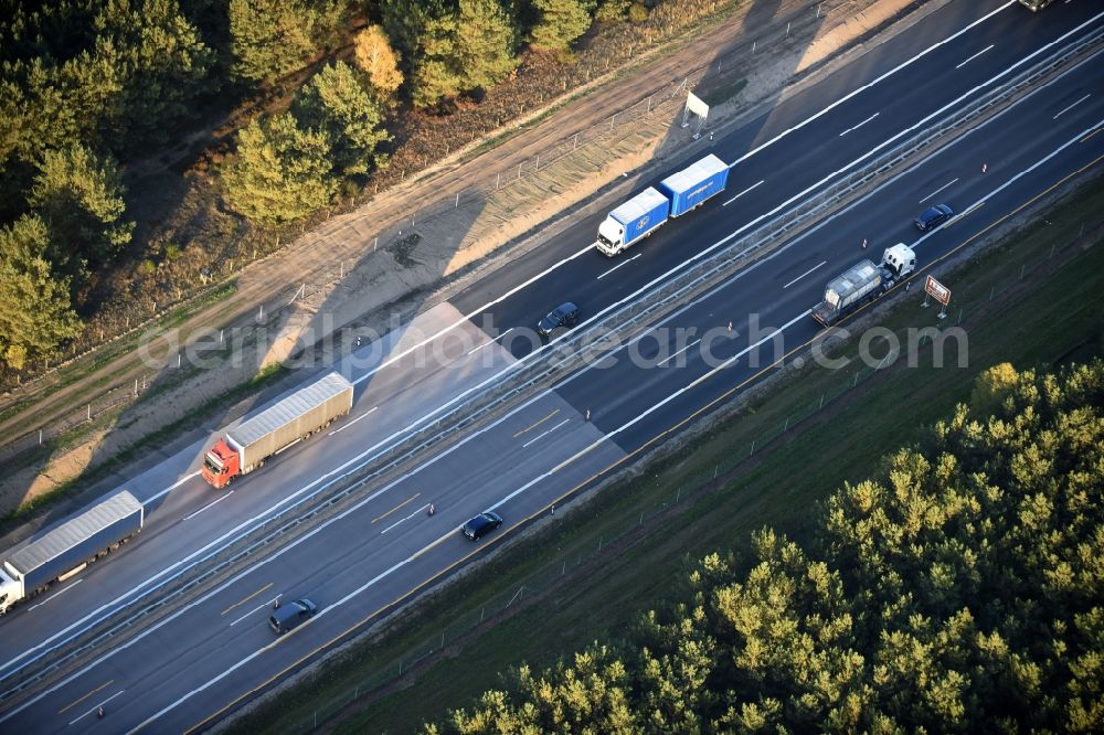 Aerial image Spreenhagen - Highway construction site for the expansion and extension of track along the route of A12 E30 an unterschiedlichen Fahrbahn- Belag- Anschlussstellen in Spreenhagen in the state Brandenburg