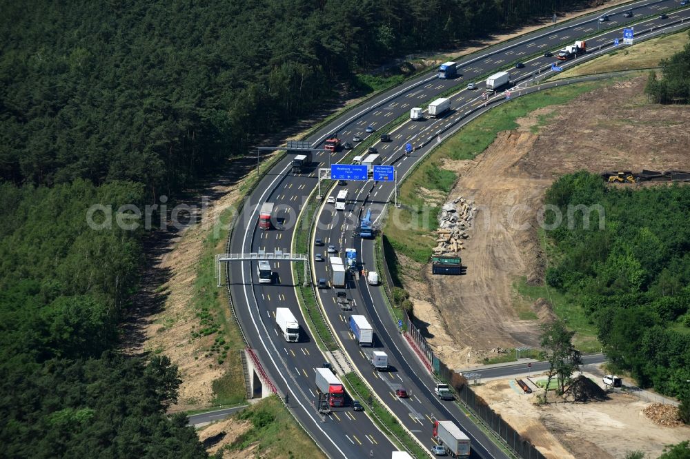 Aerial image Michendorf - Motorway Construction and wheel spacers along the route of the motorway A10 to 8-lane track extension in Michendorf in Brandenburg