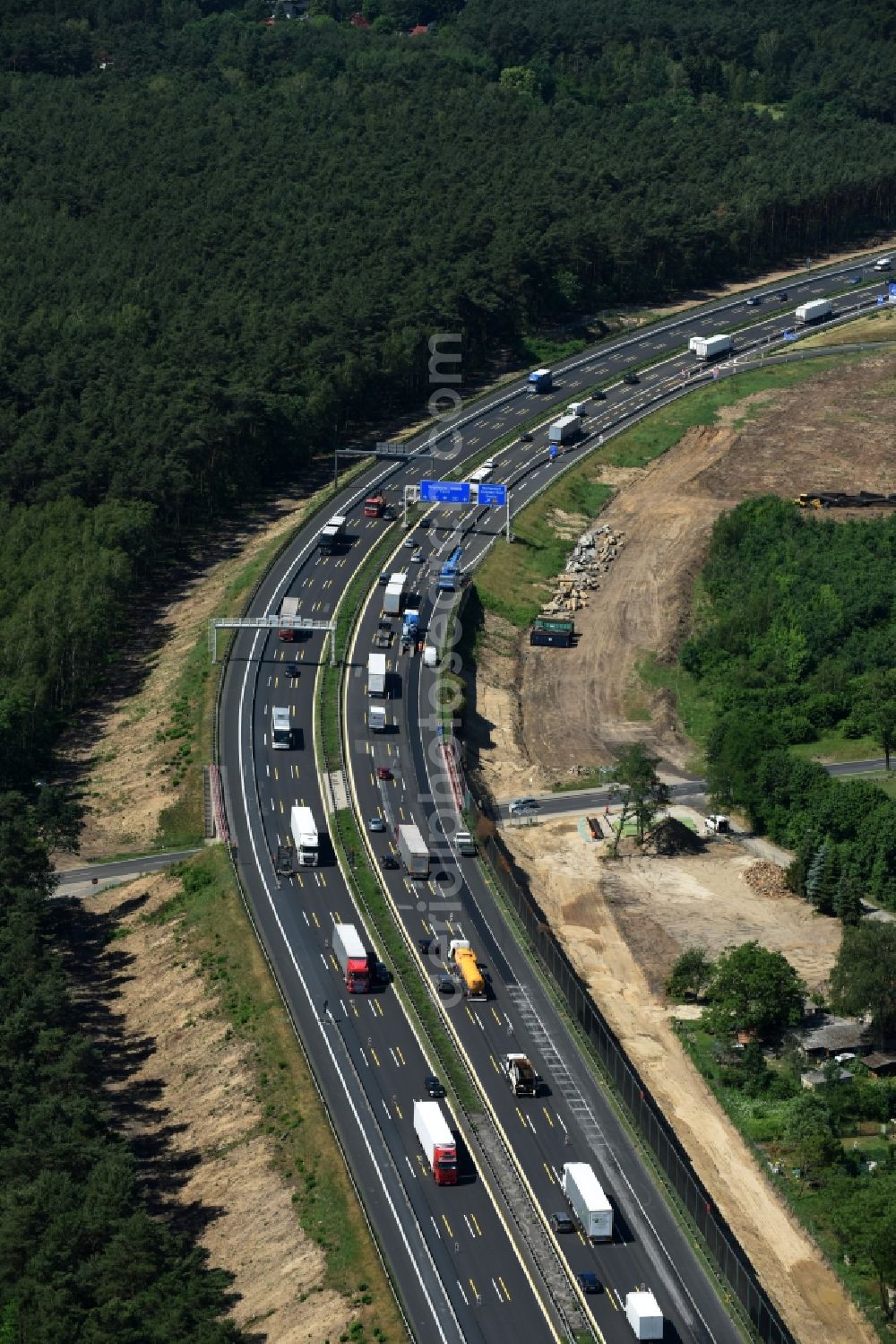 Michendorf from above - Motorway Construction and wheel spacers along the route of the motorway A10 to 8-lane track extension in Michendorf in Brandenburg