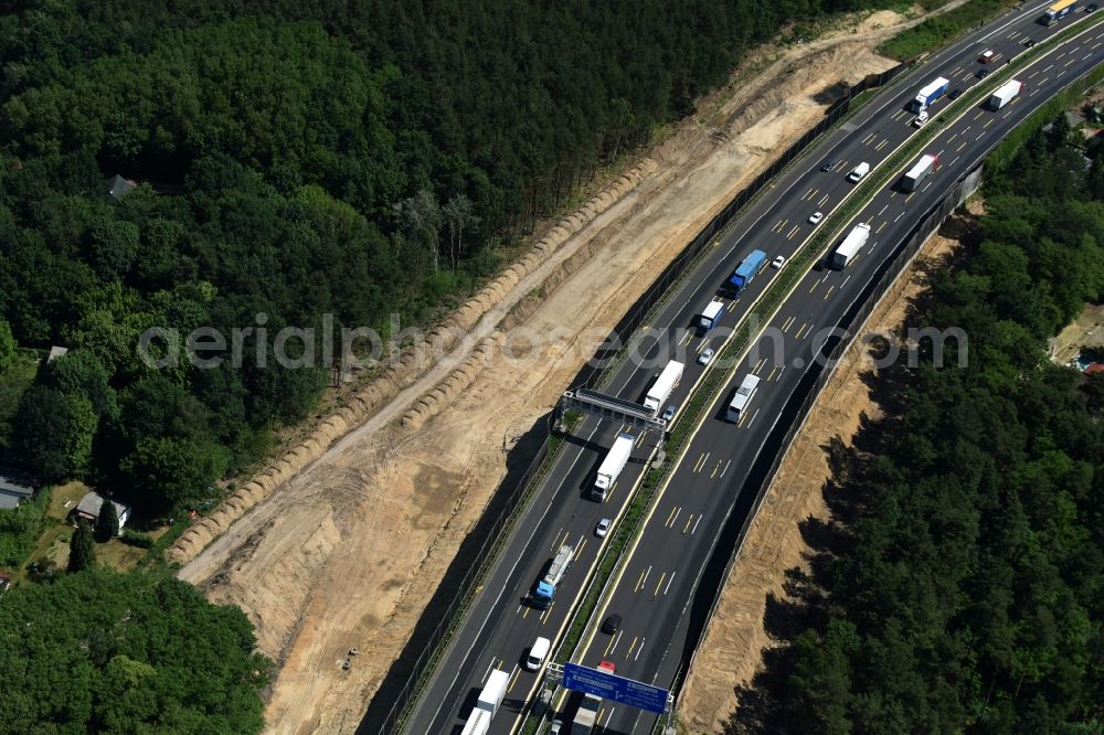 Michendorf from above - Motorway Construction and wheel spacers along the route of the motorway A10 to 8-lane track extension in Michendorf in Brandenburg