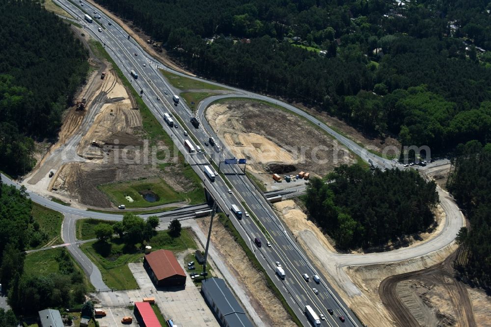 Michendorf from above - Motorway Construction and wheel spacers along the route of the motorway A10 to 8-lane track extension in Michendorf in Brandenburg