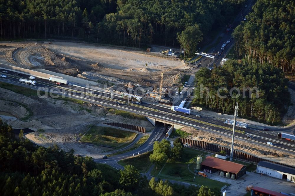 Michendorf from above - Motorway Construction and wheel spacers along the route of the motorway A10 to 8-lane track extension in Michendorf in Brandenburg