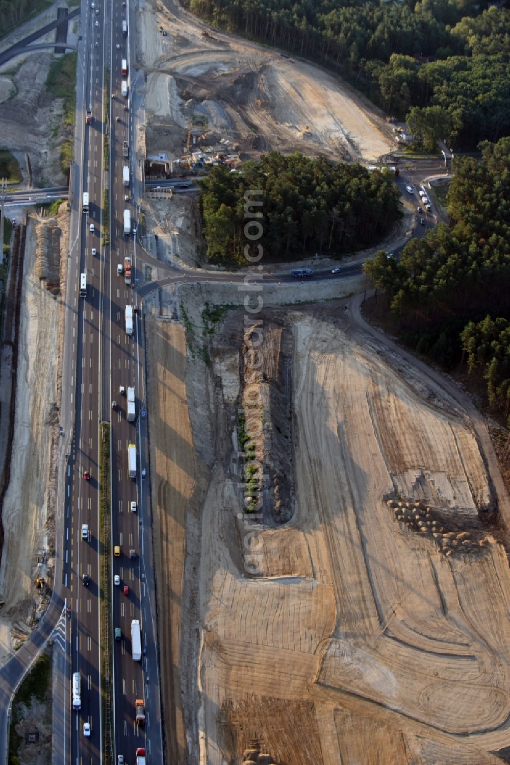 Michendorf from above - Motorway Construction and wheel spacers along the route of the motorway A10 to 8-lane track extension in Michendorf in Brandenburg