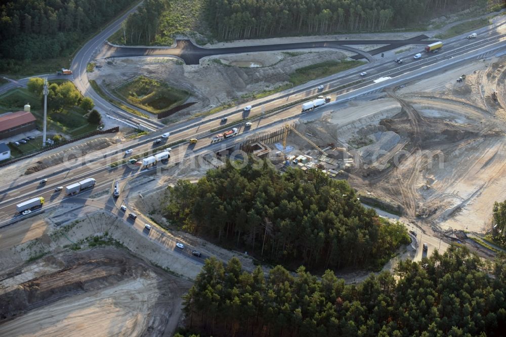 Aerial image Michendorf - Motorway Construction and wheel spacers along the route of the motorway A10 to 8-lane track extension in Michendorf in Brandenburg