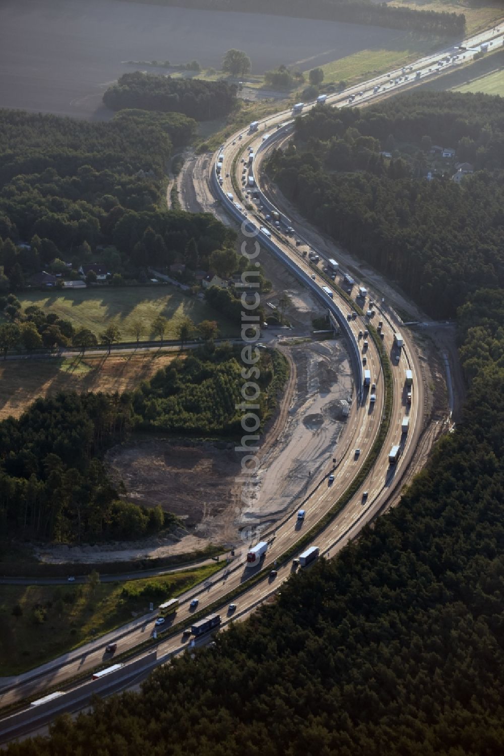 Aerial photograph Michendorf - Motorway Construction and wheel spacers along the route of the motorway A10 to 8-lane track extension in Michendorf in Brandenburg