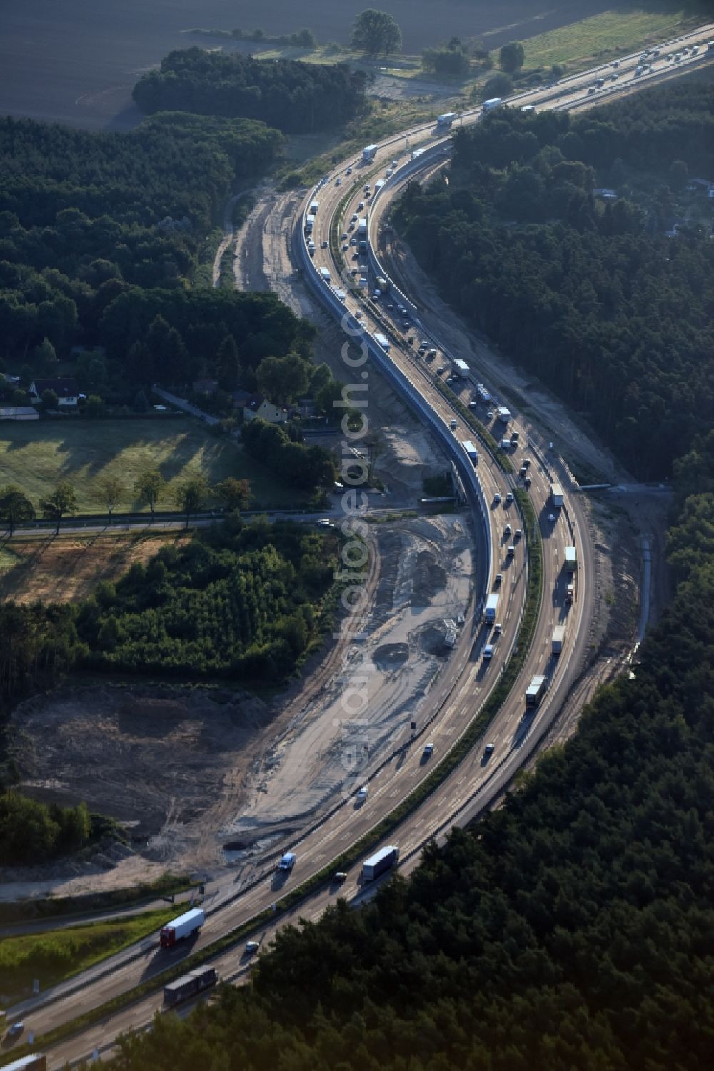 Michendorf from above - Motorway Construction and wheel spacers along the route of the motorway A10 to 8-lane track extension in Michendorf in Brandenburg