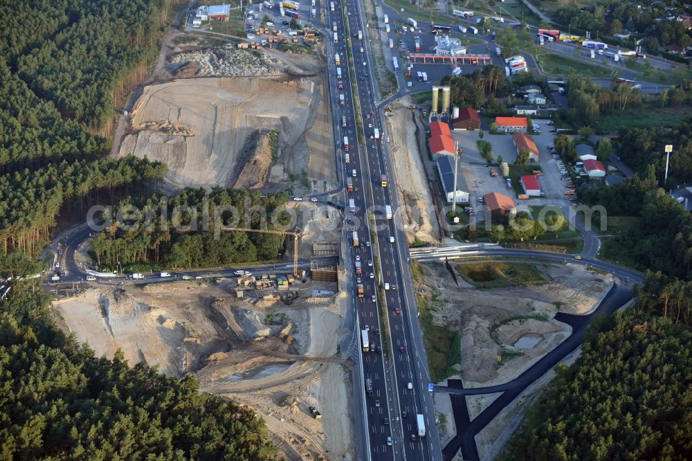 Michendorf from above - Motorway Construction and wheel spacers along the route of the motorway A10 to 8-lane track extension in Michendorf in Brandenburg