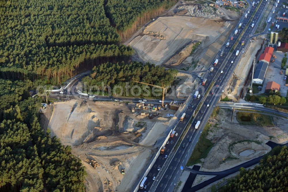 Michendorf from above - Motorway Construction and wheel spacers along the route of the motorway A10 to 8-lane track extension in Michendorf in Brandenburg