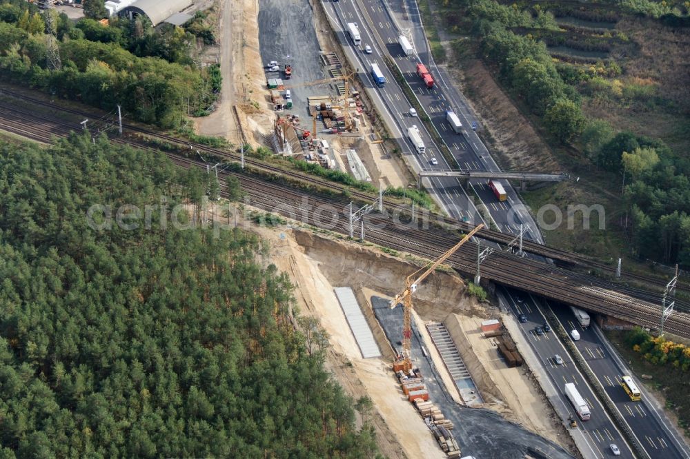 Aerial image Michendorf - Motorway Construction and wheel spacers along the route of the motorway A10 to 8-lane track extension in Michendorf in Brandenburg