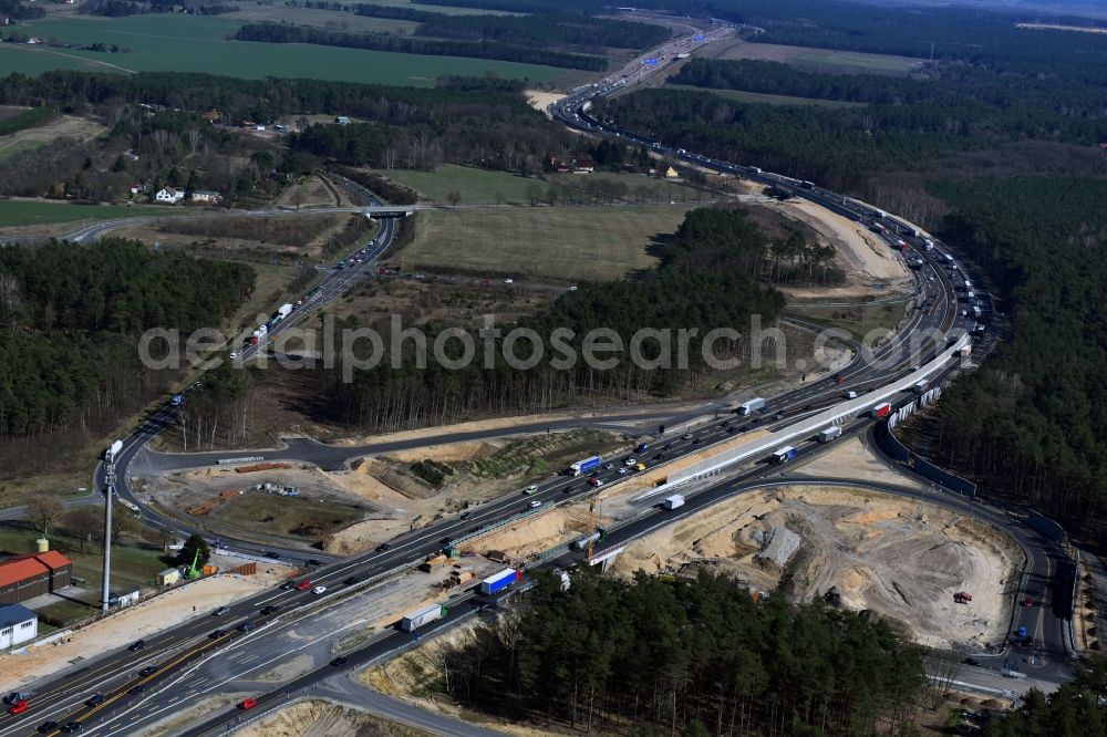 Aerial image Michendorf - Motorway Construction and wheel spacers along the route of the motorway A10 to 8-lane track extension in Michendorf in Brandenburg