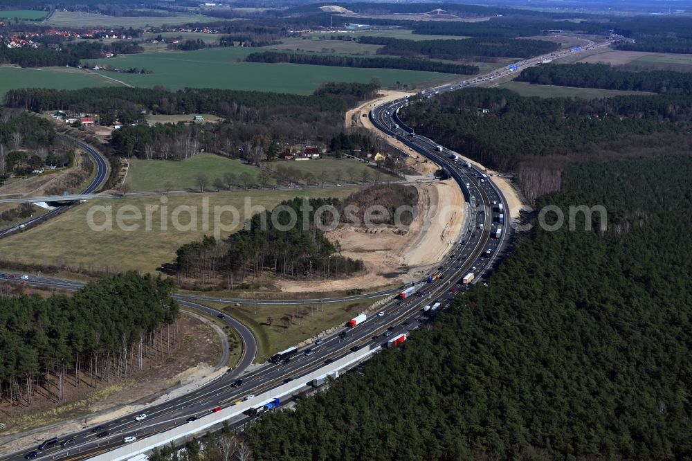 Michendorf from above - Motorway Construction and wheel spacers along the route of the motorway A10 to 8-lane track extension in Michendorf in Brandenburg