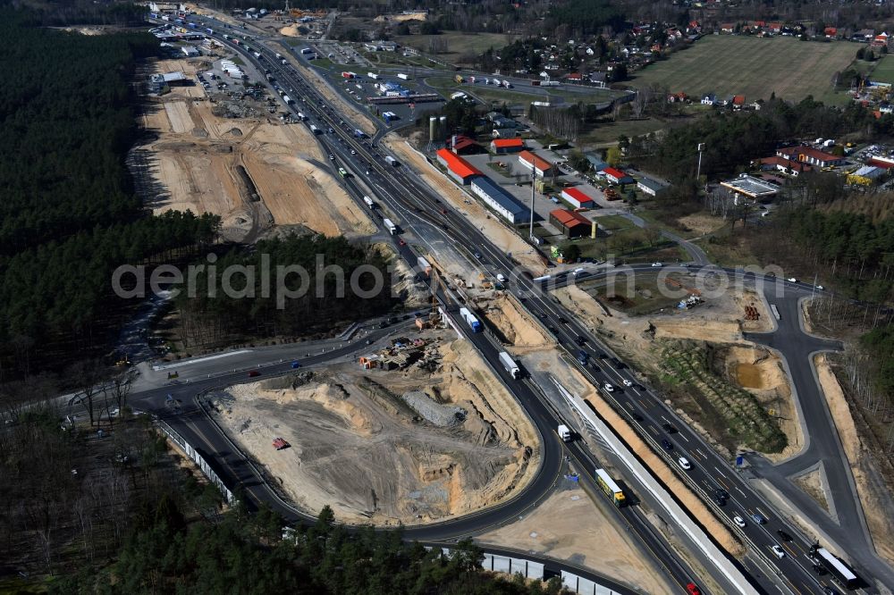 Aerial image Michendorf - Motorway Construction and wheel spacers along the route of the motorway A10 to 8-lane track extension in Michendorf in Brandenburg