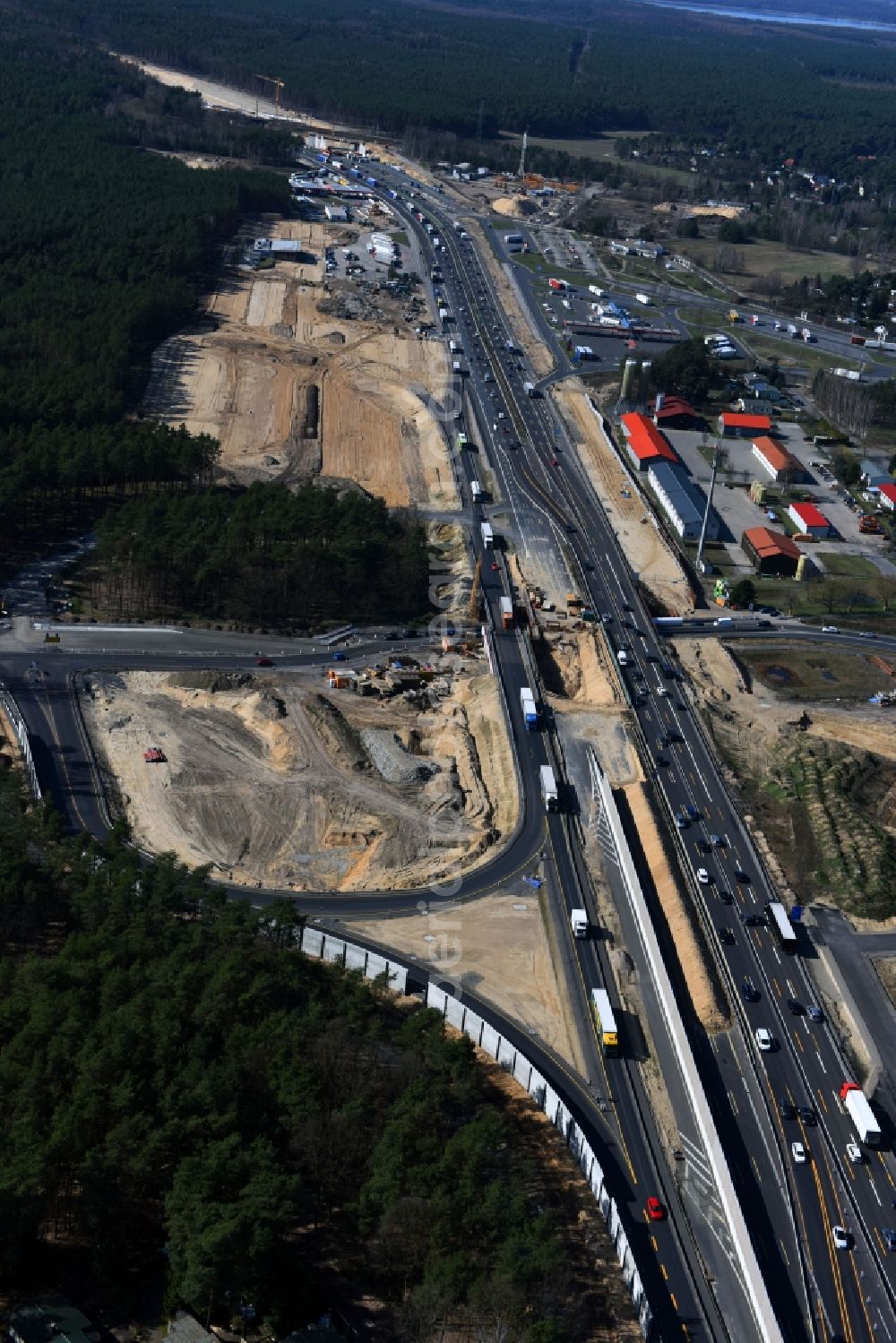 Michendorf from above - Motorway Construction and wheel spacers along the route of the motorway A10 to 8-lane track extension in Michendorf in Brandenburg