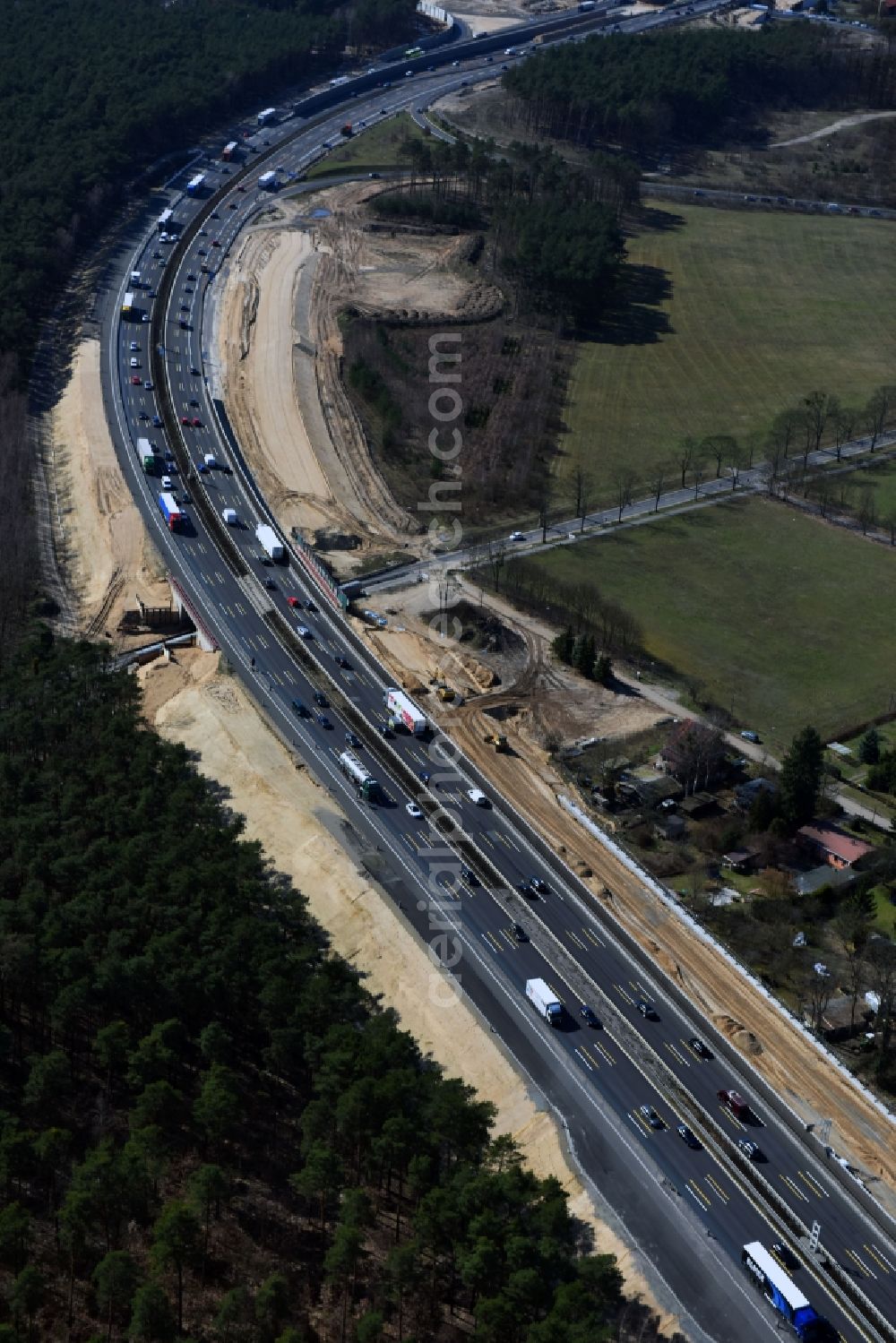 Michendorf from above - Motorway Construction and wheel spacers along the route of the motorway A10 to 8-lane track extension in Michendorf in Brandenburg