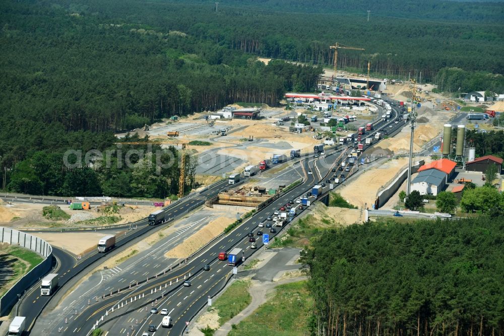 Michendorf from above - Motorway Construction and wheel spacers along the route of the motorway A10 to 8-lane track extension in Michendorf in Brandenburg