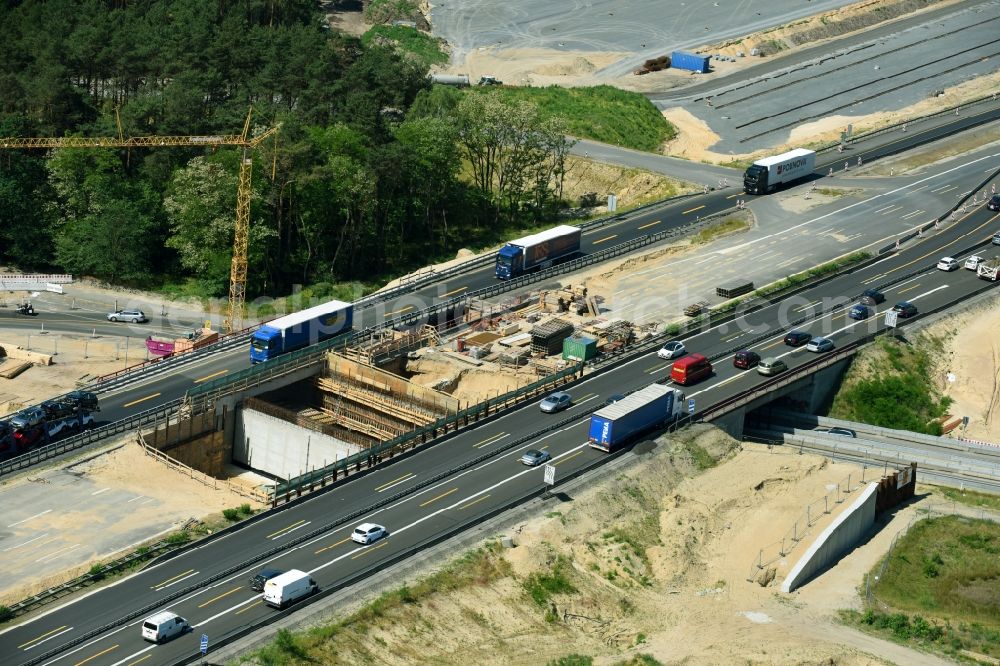 Aerial image Michendorf - Motorway Construction and wheel spacers along the route of the motorway A10 to 8-lane track extension in Michendorf in Brandenburg