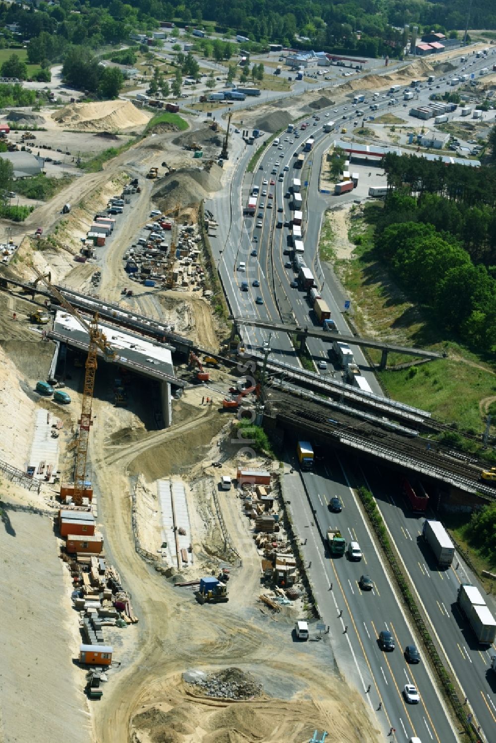 Michendorf from above - Motorway Construction and wheel spacers along the route of the motorway A10 to 8-lane track extension in Michendorf in Brandenburg