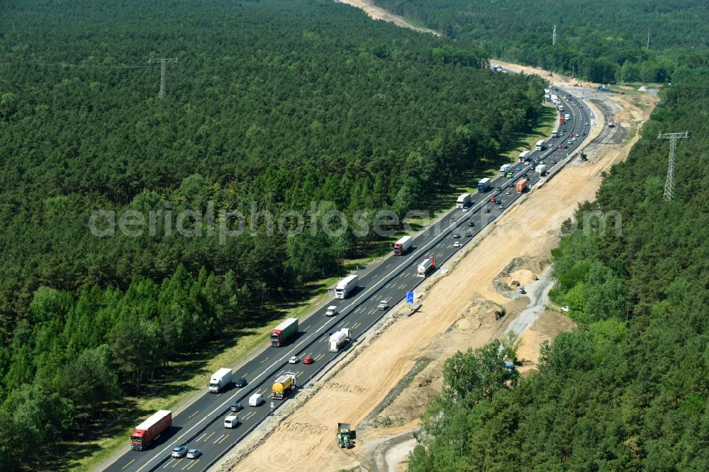 Michendorf from above - Motorway Construction and wheel spacers along the route of the motorway A10 to 8-lane track extension in Michendorf in Brandenburg