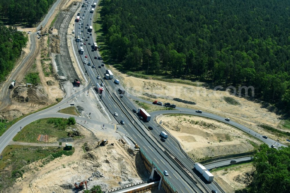 Michendorf from above - Motorway Construction and wheel spacers along the route of the motorway A10 to 8-lane track extension in Michendorf in Brandenburg