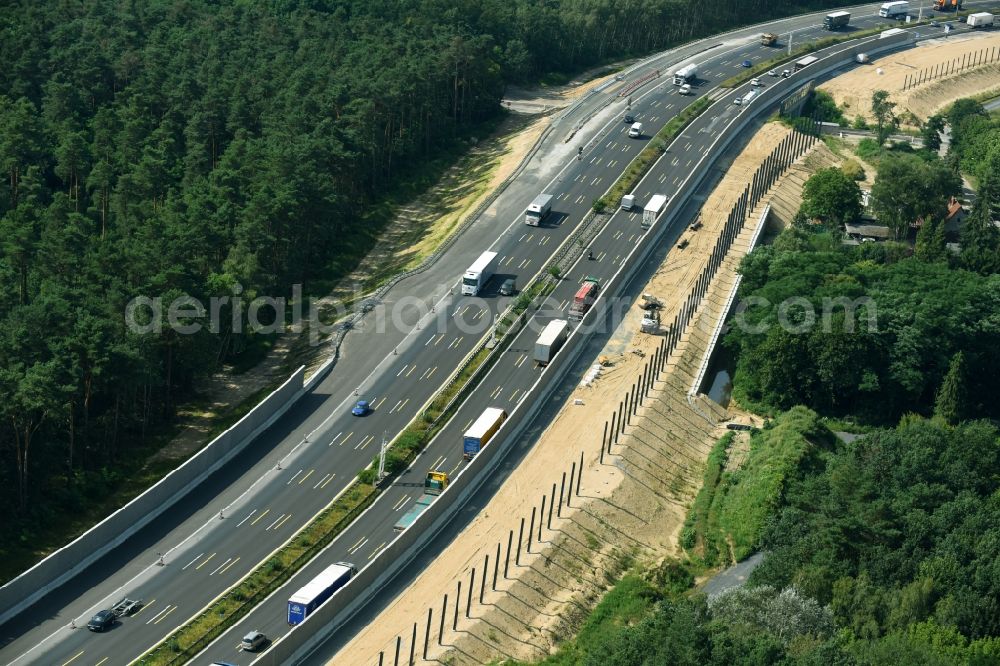 Michendorf from above - Motorway Construction and wheel spacers along the route of the motorway A10 to 8-lane track extension in Michendorf in Brandenburg