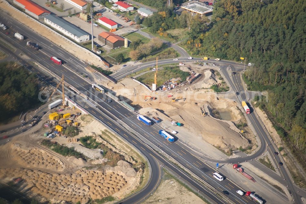 Aerial photograph Michendorf - Motorway Construction and wheel spacers along the route of the motorway A10 to 8-lane track extension in Michendorf in Brandenburg