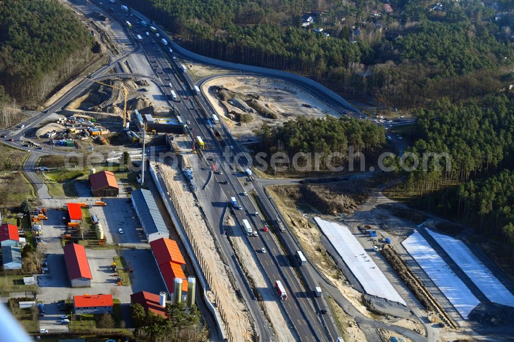 Aerial image Michendorf - Motorway Construction and wheel spacers along the route of the motorway A10 to 8-lane track extension in Michendorf in Brandenburg