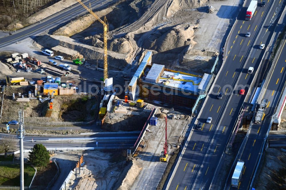 Michendorf from above - Motorway Construction and wheel spacers along the route of the motorway A10 to 8-lane track extension in Michendorf in Brandenburg